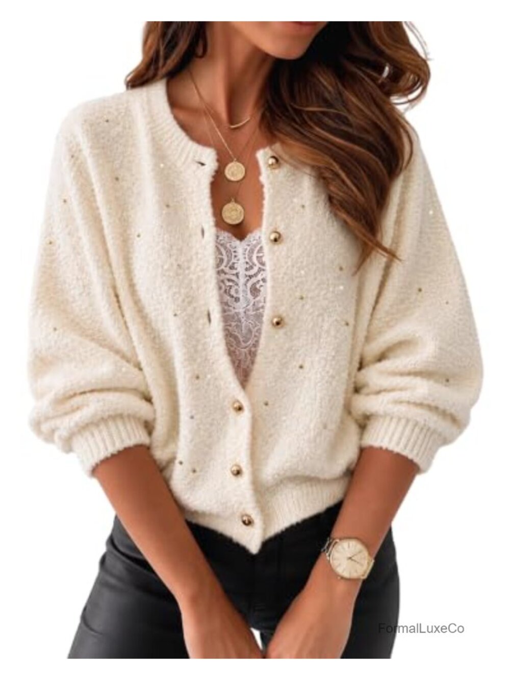 Cropped Cardigan Sweater Gold Bead Half Puff Sleeve Button Knit